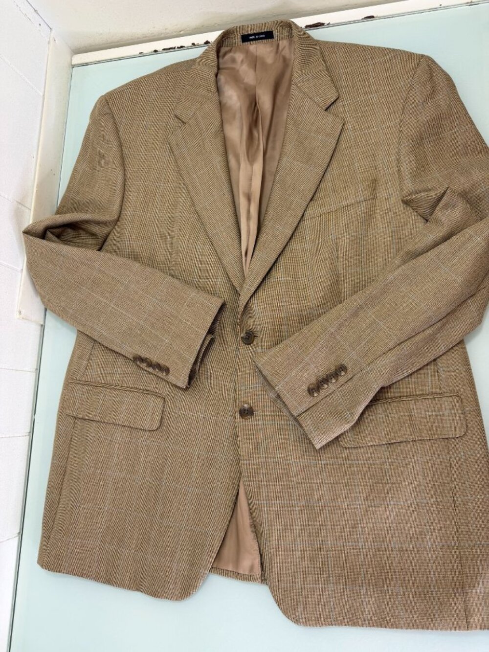 Lauren Ralph Lauren Blazer Jacket Mens 44R Silk Wool Windowpane Beige Sport Coat